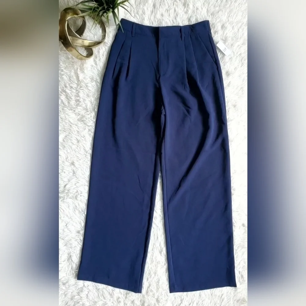 GAP Easy Crepe Drapey PLEATED Navy Blue Loose Straight Pants Size 12 TALL RT$80